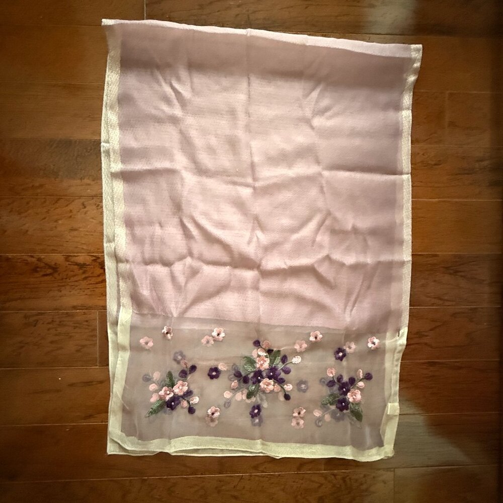 Sheer Embroidered Floral Scarf Pink Purple Silk Wool Blend